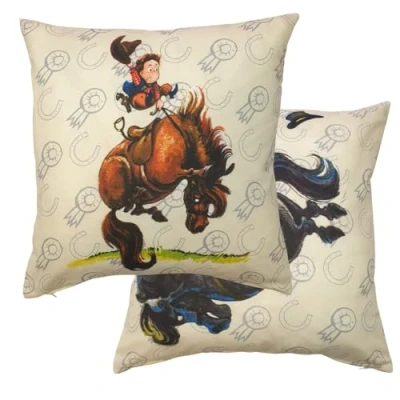 Image of thelwell Horse Buck Cushion Cover, Des 2 45cm Square, Antics Cartoon Pony Rider Cream Grey Brown, Decorative Scatter