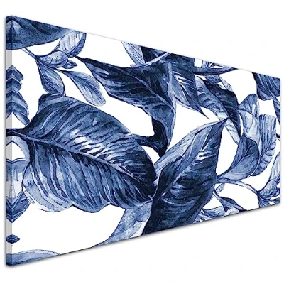 Image of Wallfillers Indigo Navy Blue White Tropical Leaves Canvas Wall Art Modern 1320 118x49cm