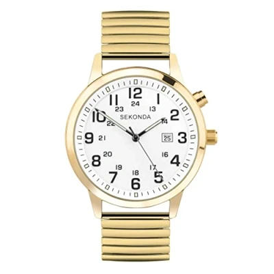 Image of Sekonda Easy Reader Mens 46mm Quartz Watch in White with Analogue Date Display, and Gold Stainless Steel Strap 30128