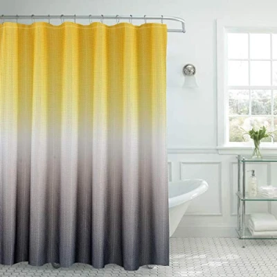 Image of Creative Home Ideas Textured Fabric Shower Curtain Set, Includes 12 Easy Glide Metal Rings, Modern Bathroom Décor, Machine Washable, Measures 70&quot; x 72&quot;, Yellow/Grey Ombre