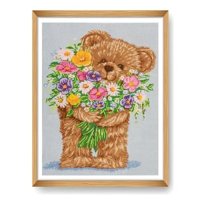 Image of Trimits Large Cross Stitch Kits Counted Embroidery Needlework for Adults Beginners Kids, Christmas Gifts Wall Art, (Frame Not Included) 14 Count, Teddy