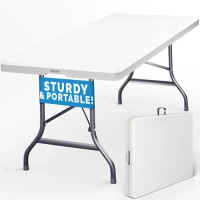 Image of CASARIA® Picnic Buffet Table Foldable &amp; Portable 183x75cm Weather Resistant Heavy Duty Plastic Top Steel Frame Garden Camping Dining Catering Trestle BBQ Outdoor Indoor White
