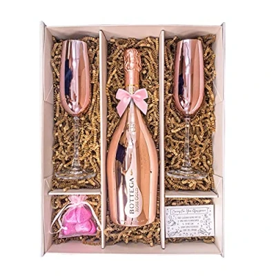 Image of Bottega Rose Gold Sparkling Wine 75cl Gift Set Hamper With 2 Metallic Pink Champagne Flutes, Chocolates and Box Gifts For Girls Women (Metallic Tops)