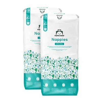 Image of Amazon Brand Mama Bear Ultra Dry Nappies, Size 6+ (16+ kg), 132 Count (2 Packs of 66), White, Monthly Pack