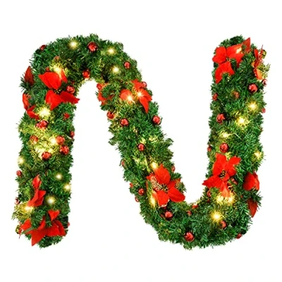 Image of 9FT Christmas Garland Decorations, 2.7M Wreath Garlands Decorations Xmas for Fireplaces Stairs, with Lights, Red Flower and Ball, Holiday, Wedding Party Decoration