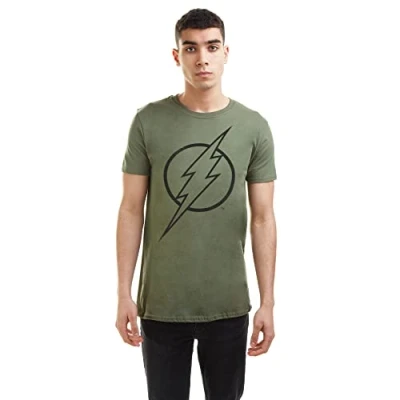 Image of DC Comics Men&#039;s Flash Line Logo T Shirt, Military Green, M UK