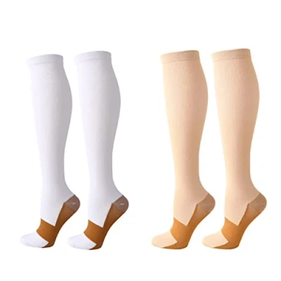 Image of Compression Socks for Women Men, 2 Pairs 20 25mmHg Knee High Stockings Sport, Athletic, Edema, Diabetic, Varicose Veins, Travel, Pregnancy, Nursing (XXL, White+Skin)