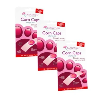 Image of Carnation Footcare corn caps x 3 pack, (30 in total) all one, Salicylic Acid paste with soft felt ring. Relieves pressure and pain. One step application.