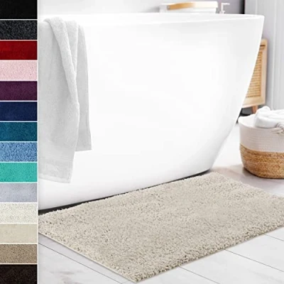 Image of Floordirekt Bath Mat SKY Soft, Square And Round Bathroom Rug (50 x 60 cm, Cream) Extra Fluffy Deep Pile Absorbent Carpet Mat, Non slip Quick Drying Machine Washable