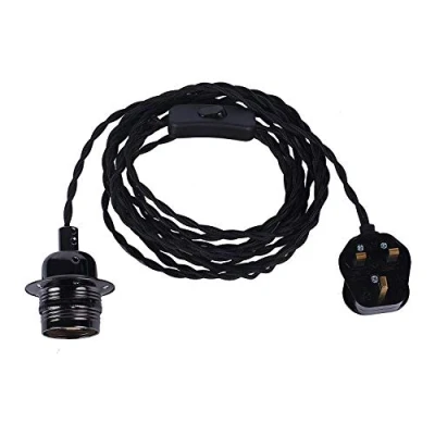 Image of JING Vintage Pendant Light Fitting with Plug in,4.5 Meters Braided Twisted Fabric Cable in Line On/Off Switch,E27 Screw Lamp Holder, Industrial Style Hanging Kit LAN05 BLK