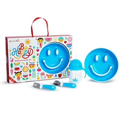 Image of Munchkin Be Happy Toddler Dining Set, Includes Suction Plate, Straw Cup and Utensil Blue
