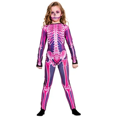 Image of Kids Pink X Ray Skinz Medium 5 7 years Skeleton Print Halloween Fancy Dress Costume