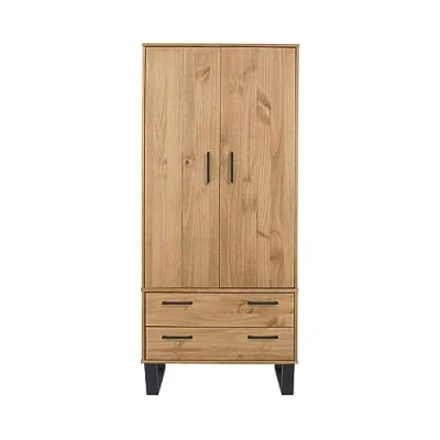 Image of Home Source Industrial Style Wardrobe Cupboard, Pine Bedroom Storage Organiser, 2 Drawer, Natural