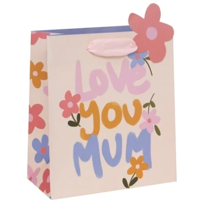 Image of Glick Luxury Gift Bag, Love You Mum Suitable for Mother&#039;s Day and Mums Birthday, Petals Posies With Design, 20w x 22.5h 10.0d cms, Pink &amp; Purple