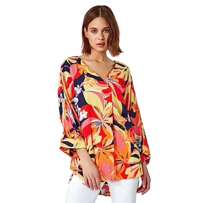 Image of Roman Originals Tropical Print Relaxed Kimono Top for Women UK Ladies Everyday Holiday Spring Summer V Neckline Comfy Soft Evening Vacation Work Party Orange Size 10