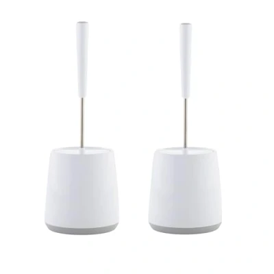 Image of Minky Toilet Brush &amp; Holder x2, Silicon Head Stainless Steel Handle, Sturdy Oval Shaped Base, Deep Cleaning Set With Non Slip White Light Grey, Made in the UK