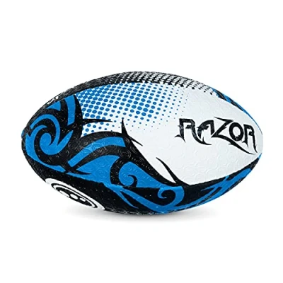 Image of Optimum Razor Rugby Ball Perfect for Training &amp; Gameplay, Great Flight Air Retention, Rubber Dimpled Surface Grip, 2 Ply 410g Black/Blue, Size 4