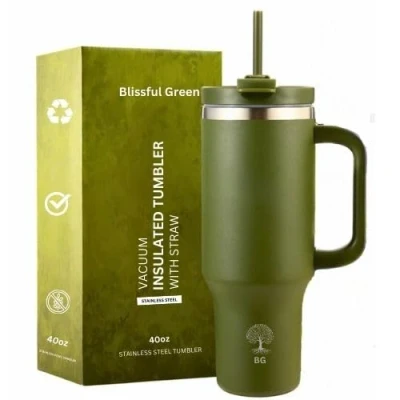 Image of Blissful Green 40oz Tumbler with Straw, Lid, Vacuum Insulated, Double Walled, Re uasble Stainless Steel, Travel Mug Handle, Coffee, Hot Cold Drinks (Army Green)