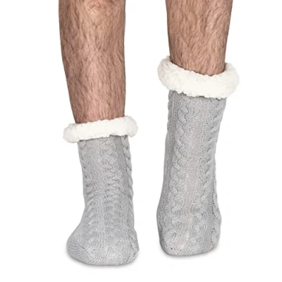 Image of Polar Mens Slipper Socks Soft Fleece Lined With Sole Grips Gift Packaging Snuggly Present For Him Insulated Warm Fluffy Sherpa Lining Thick Thermal House Grey UK8/9