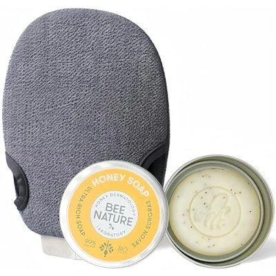 Image of Bee Nature Exfoliating Sets Glove &amp; Honey Soap with Case Exfoliates Cleanses Moisturizes Relieves Eczema Travel Suitable for Dry and Sensitive Skin 100g