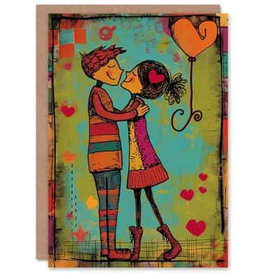 Image of Artery8 Valentines Day Greeting Card Young Couple Dance Kiss Illustration For Him or Her