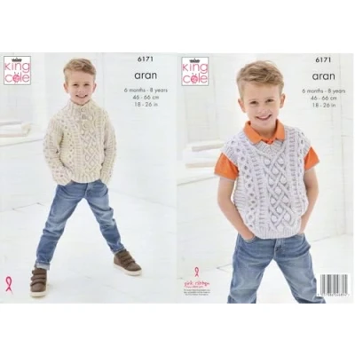 Image of King Cole Aran Knitting Pattern 6171 Boy&#039;s Sweater &amp; Tank Top (2 Designs)