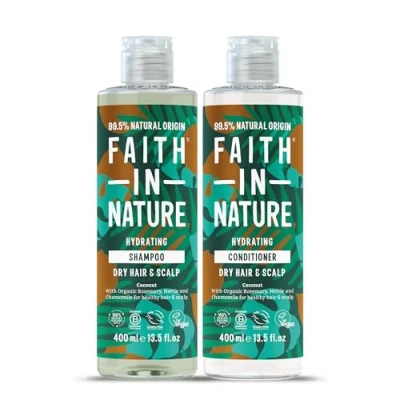 Image of Faith In Nature Natural Coconut Shampoo and Conditioner Set, Hydrating, Vegan &amp; Cruelty Free, No SLS or Parabens, For Normal to Dry Hair, 2 x 400ml Pack