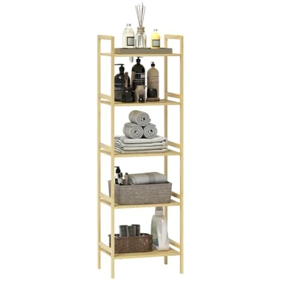 Image of HOMCOM 5 Tier Bamboo Bathroom Storage Shelf, Freestanding Shelving Unit with Adjustable Rack for Kitchen Living Room, Natural Wood Finish
