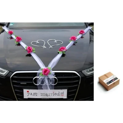 Image of ORGANZA M + HERZEN Braut Paar Rose Deko Dekoration Autoschmuck Hochzeit Car Auto Wedding Ratan Girlande ®Auto schmuck PKW (Violett/Weiß/Weiß)