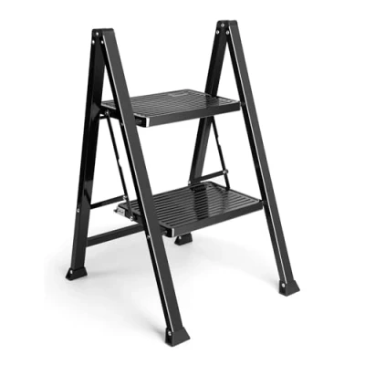 Image of VonHaus Slim 2 Step Ladder with Anti Slip Steps and Feet Black Lightweight Folding Stepladder 150KG Max Capacity, Easy to Store Ideal for Home/Kitchen/Garage Household