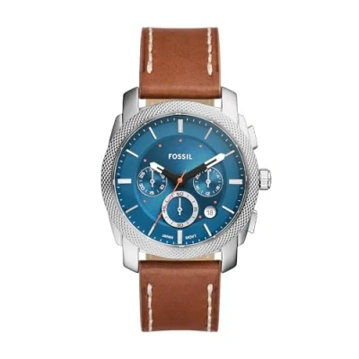 Image of FOSSIL Machine Watch for Men, Chronograph movement with Stainless steel or Leather strap, Brown and Blue, 42 mm