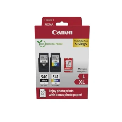 Image of Canon PG540L / CL541XL High Yield Genuine Ink Cartridges, Pack of 2 (Colour and Black), Includes 50 Sheets 4x6 Photo Paper Security Cardboard Multipack