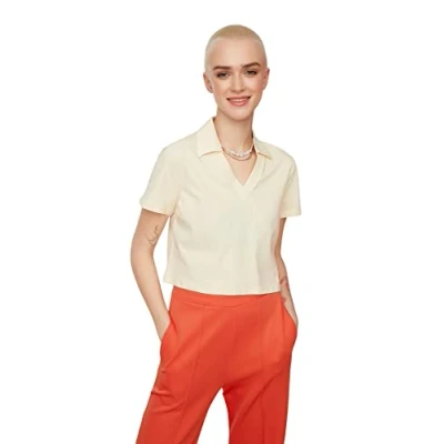 Image of Trendyol Women Young Regular fit Basic V Neck Knit T Shirt Beige