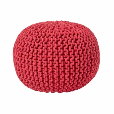 Image of HOMESCAPES Red Knitted Pouffe Footstool Bean Filled 100% Cotton for Living Room Children or the Elderly
