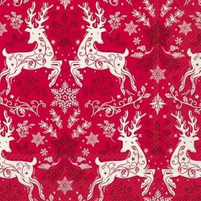 Image of 20 Napkins Christmas White Deer Elegant on Red as Table Decoration Paper with Motif Also for Decoupage and 33 x cm