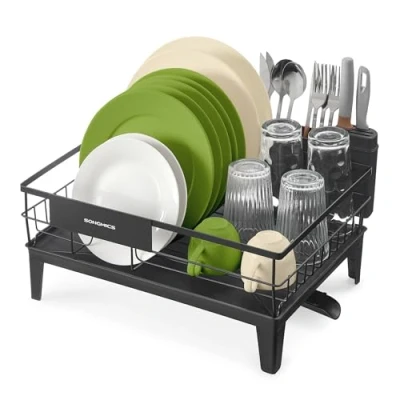 Image of SONGMICS Dish Drying Rack, Drainer for Kitchen Counter, 360 Rotatable and Extendable Spout, Drainboard, with Cutlery Holder, 31 x 42 18.5 cm, Ink Black KCS550B01