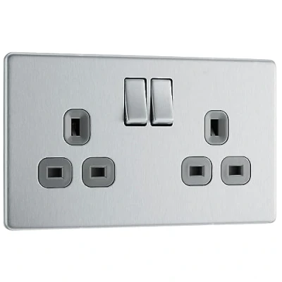 Image of BG Electrical Double Switched Power Plug Wall Socket, Flatplate Screwless, Brushed Steel, Grey Inserts, 13A, FBS22G