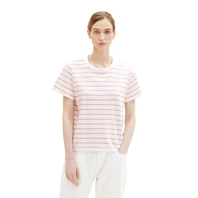 Image of TOM TAILOR Women&#039;s 1036772 T Shirt with Stripes, 31726 Offwhite Pink, S