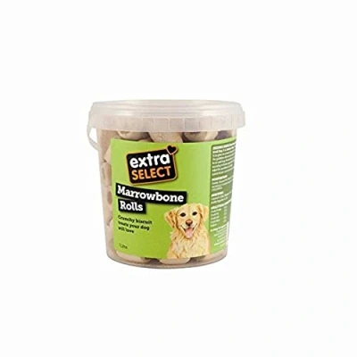 Image of Extra Select Marrowbone Rolls Dog Treat Biscuits Crunchy &amp; Snacks with Meaty Center Marrow Bone Puppy Treats Bedtime for Dogs 1 Litre Resealable Tub