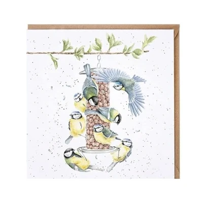 Image of Blue Tits Bird Feeder Birthday Card Bon Appetit Wrendale Blank Greeting