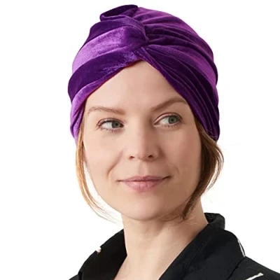 Image of CHARM Womens Fortune Teller Turban Gypsy Vintage Costume Fashion Accessories Mens Genie Velvet Boho Twist Hat Festival Purple