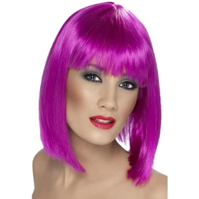 Image of Smiffys Glam Wig, Neon Purple Short, Blunt with Fringe, Ladies Glamour Wigs Fancy Dress, Adult Dress Up