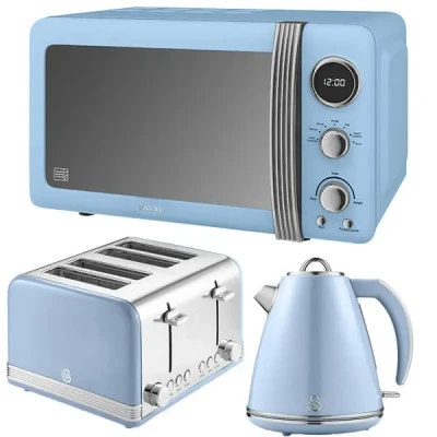 Image of Swan Retro Blue 1.5L Kettle, 4 Slice Toaster &amp; 20L Digital Microwave Set