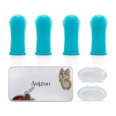 Image of Aujzoo Dog Toothbrush, 360º Pets Teeth Cleaning Toothbrush for Dogs Cats Dental Care, Silicone Finger Brush Set of 4 04 Blue