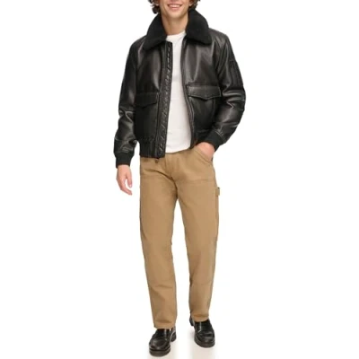 Image of Tommy Hilfiger Men&#039;s Leather Bomber Jacket, Black Faux Fur Collar, L