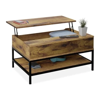 Image of Coffee Table, Lift Function, hwd: 45.5 x 90 60 cm, Living Room Desk with Storage Space, Modern, Shelf, Brown Relaxdays