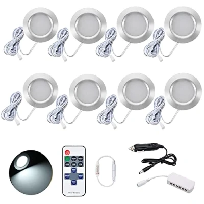 Image of JUTTAUTO 12V Interior LED Spot lights, Campervan Dimmable Roof Ceiling Down Lights with Remote Control, Motorhome lighting for T4 T5 Caravan Boat Yacht, 8 Ultra Slim Puck Kit