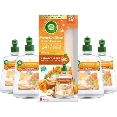 Image of Air Wick Aerosol Free Automatic freshener Spray Kit + 4 Refills, Pumpkin Spice, 228ml, 24x7 Active Fresh Odour Neutraliser, Lasts Up to 280 Days, For Home