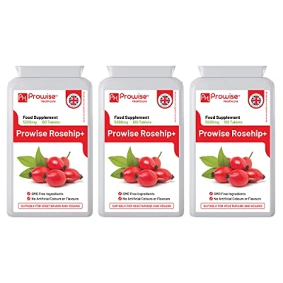 Image of Rosehip Health+ (Pack of 3) 5000mg 120 Vegetarian &amp; Vegan Tablets High Strength Supplements UK Manufactured GMP Standards by Prowise Healthcare