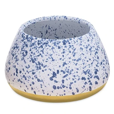 Image of Navaris Ceramic Dog Bowl Water &amp; Food for Dogs with Long Ears Cocker Spaniel Beagle Bassett Hound No Spill Pet White w/Blue Speckles